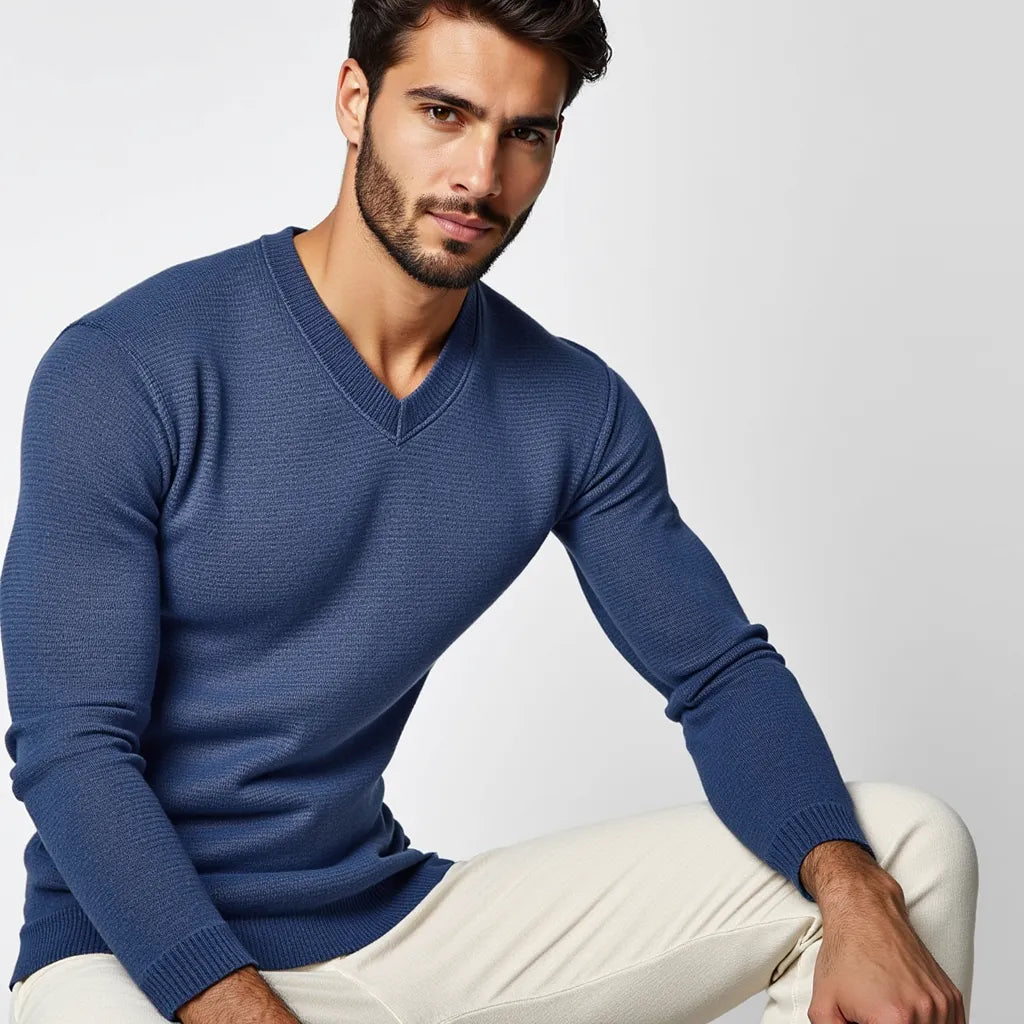 Pull col V bleu élégant