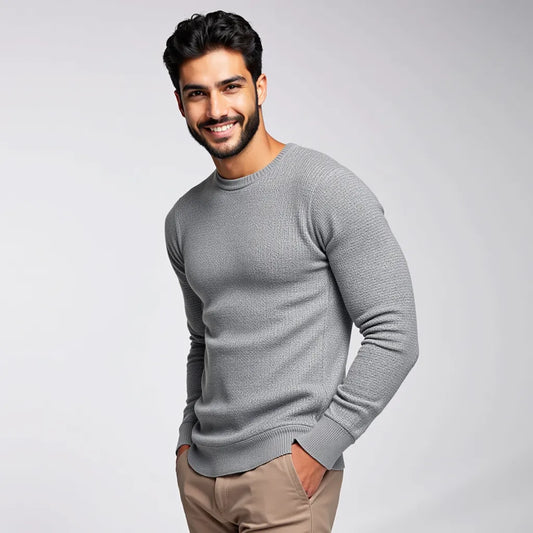 Simple and elegant grey crew neck sweater