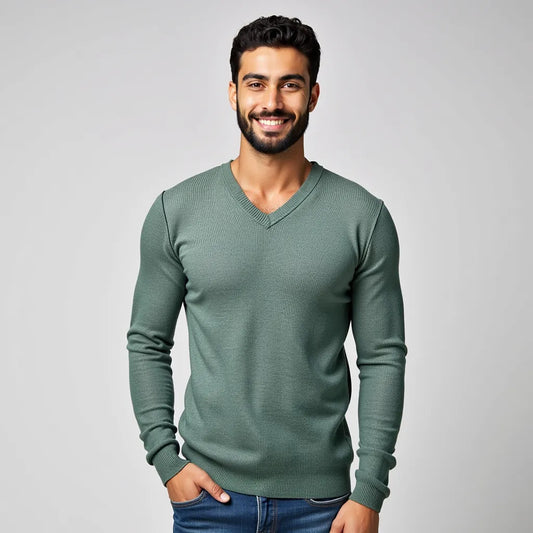 Elegant green V-neck sweater