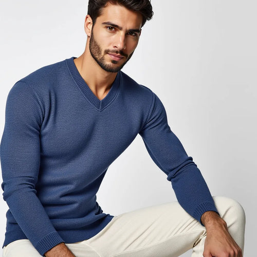 Pull col V bleu élégant