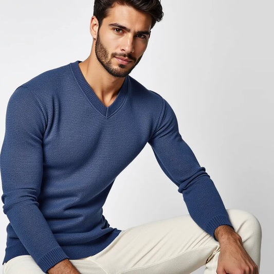 Elegant blue V-neck sweater