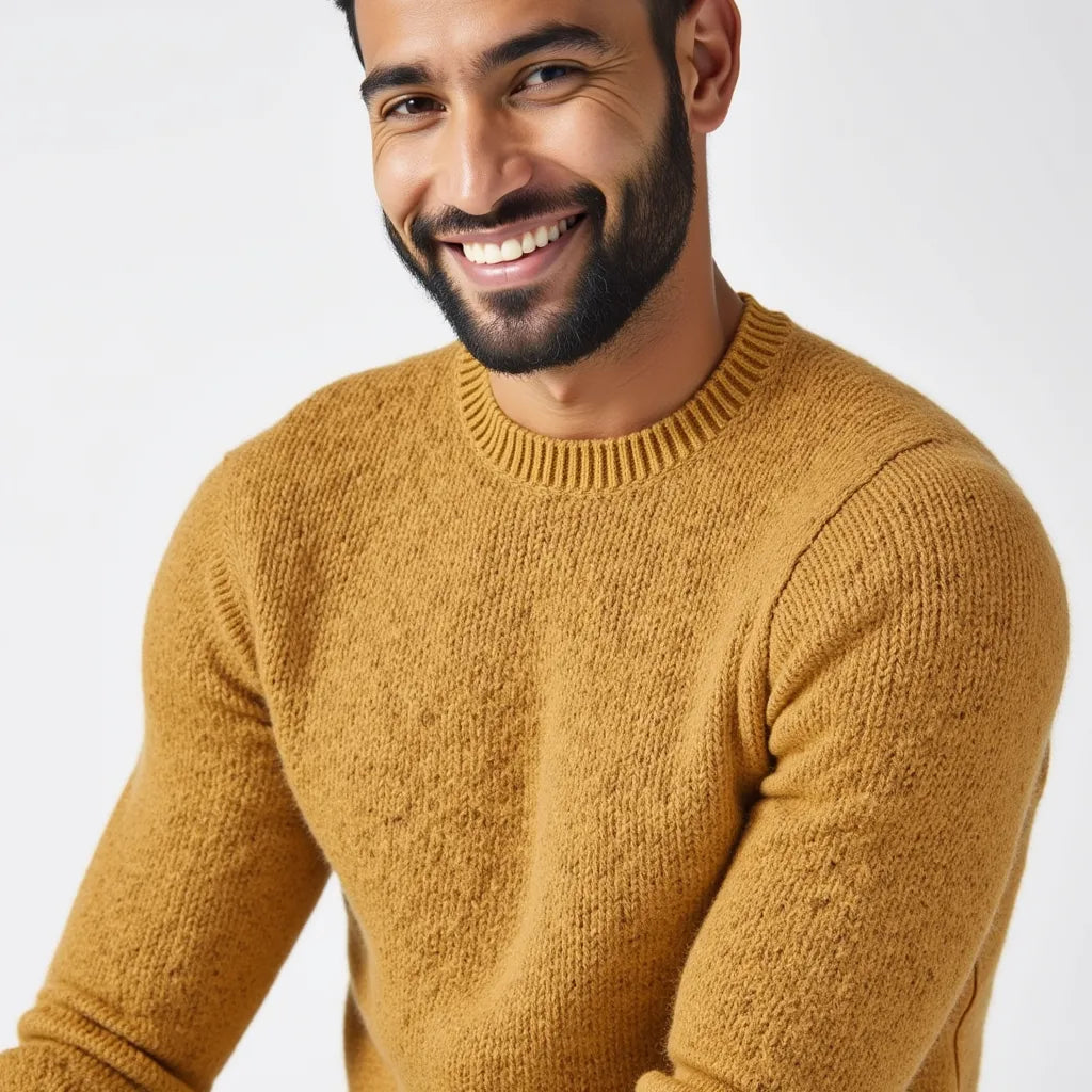 Pull en maille col rond jaune moutarde